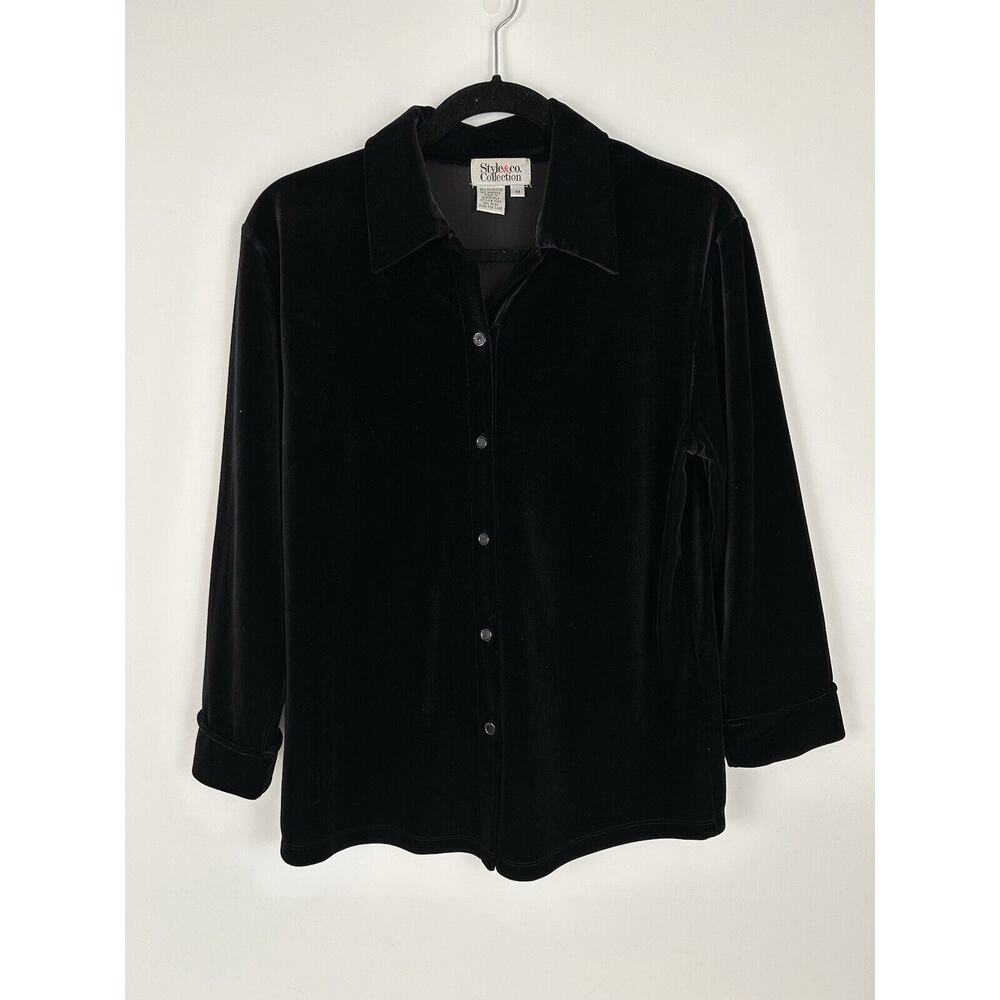 Women's Stretch Velvet‎ Top Women’s Medium Black Whimsigoth Button Up Witchy